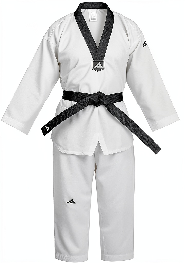 MartialGear Taekwondo Uniform being examined on a wooden dojo bench