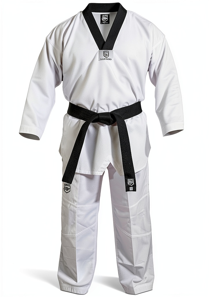 Athlete wearing UNINE white Taekwondo suit during a sparring session
